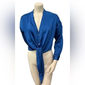 Lucy Paris Gloria Wrap Top Blue Long Sleeve Tie Front Blouse Size Small NWT